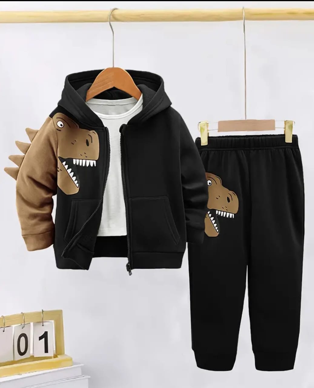 Trending Brown & Black Roaring Dino Stylish Printed Zipper Sweatshirt With Trouser Tracksuit With Hoodie Set For Kids