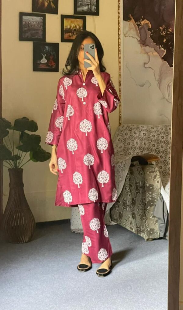 Tree Design Women's Stitched Arabic Lawn Printed Suit - Image 11