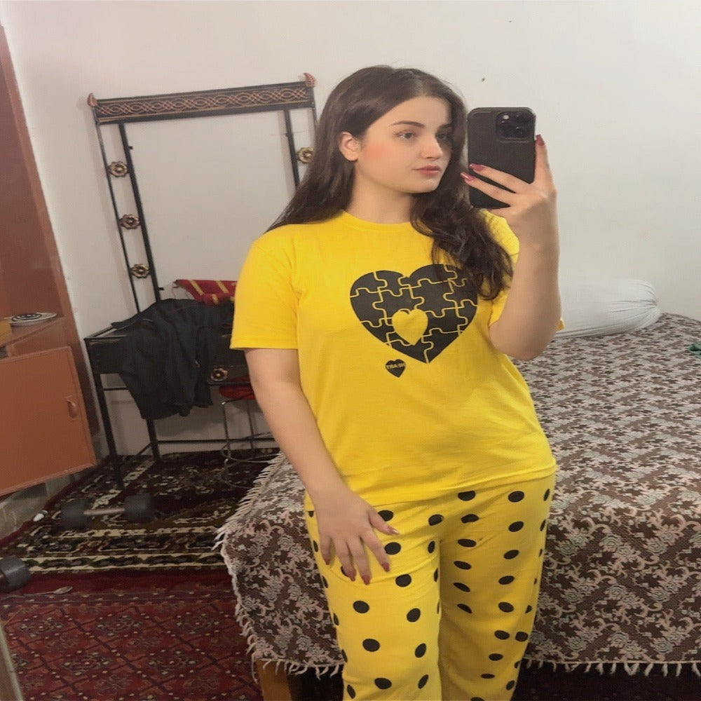 Yellow Puzzle Heart Tee with Polka Dot Plazzo - Image 3