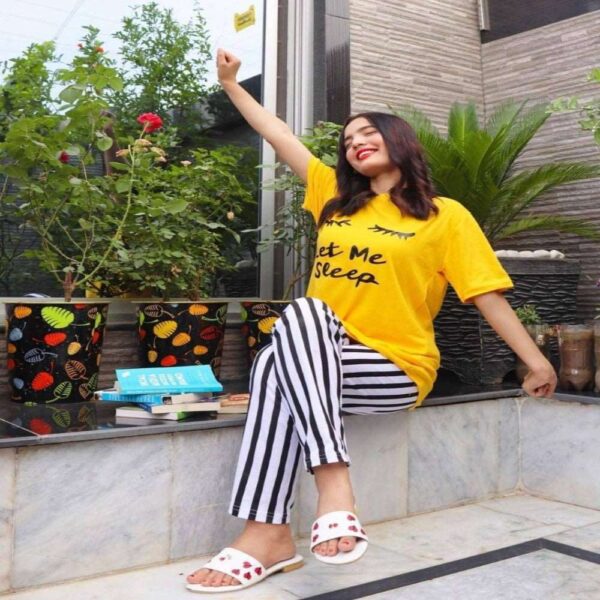 Yellow Let me Sleep Night Dress with Contrast Stripe Trouser PJ Set - Image 2