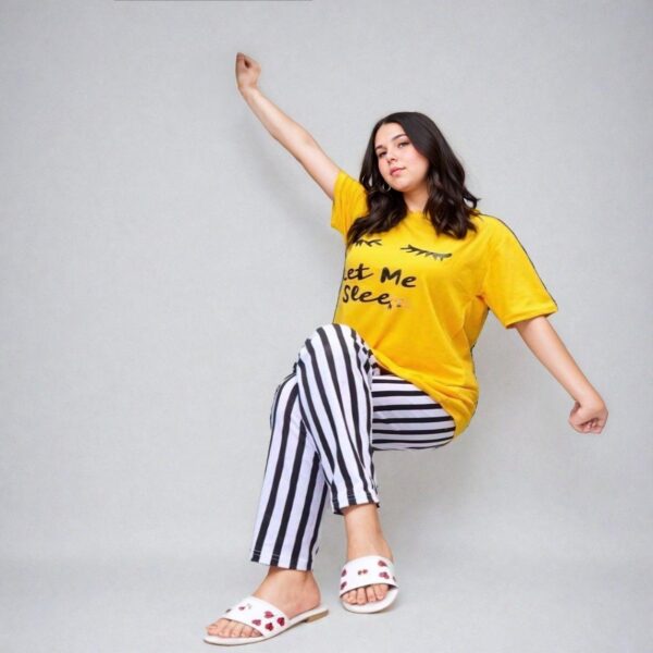 Yellow Let me Sleep Night Dress with Contrast Stripe Trouser PJ Set - Image 3