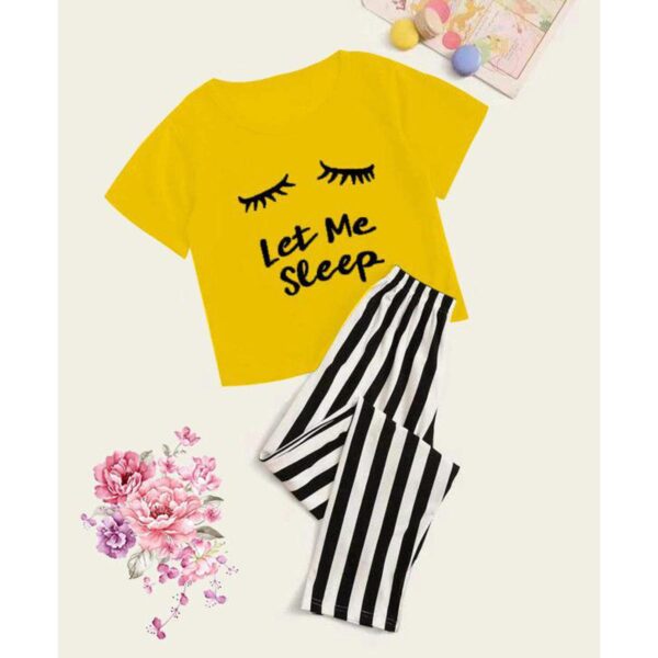 Yellow Let me Sleep Night Dress with Contrast Stripe Trouser PJ Set - Image 4