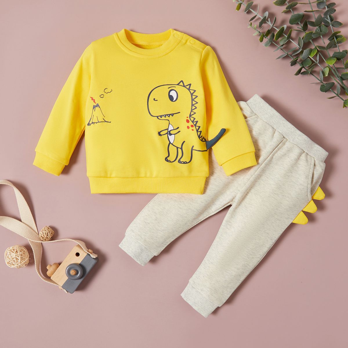 Yellow Dino Print Sweatshirt With Trouser For Kids Baby & Baba Both