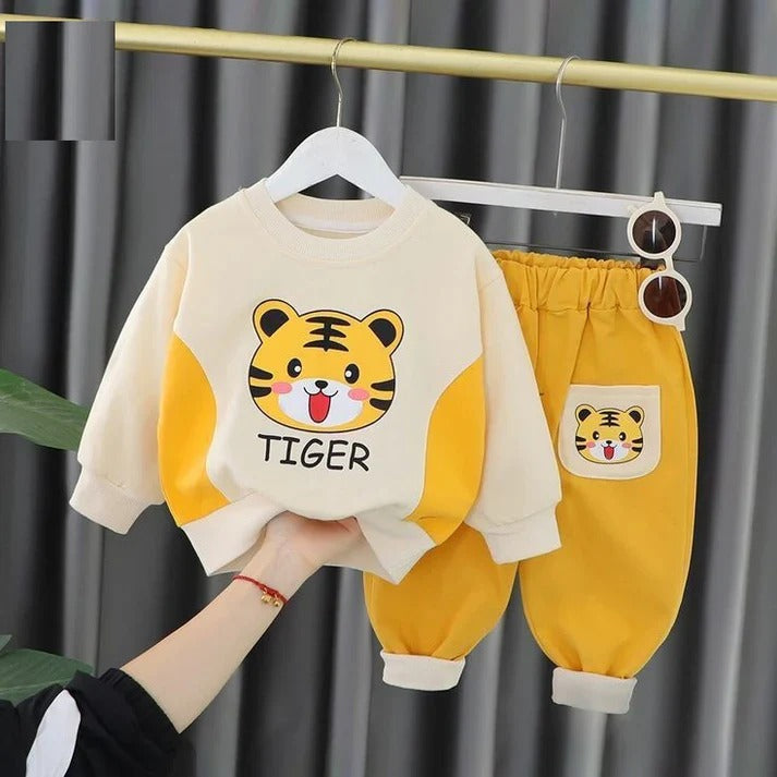 Yellow Off White Tiger Print Sweatshirt With Trouser For Kids(Baby & Baba both)