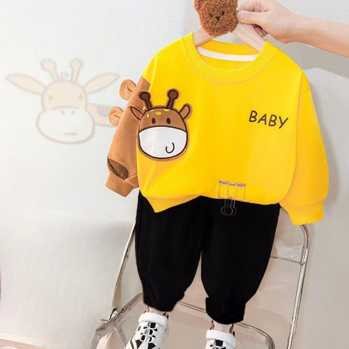 Yellow with Small Baby Giraffe Sweat Shirt with Black Trouser for Kids Baby & Baba Both