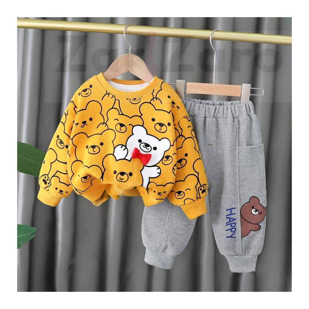 Yellow Bears Print Sweatshirt With Trouser Tracksuit For Kids (Baby & Baba Both)