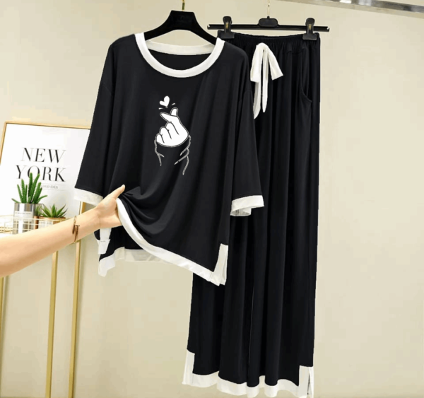 Printed Black Finger Pop Heart White Round Neck Plazzo PJ Set - Image 2
