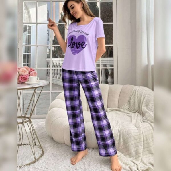 Purple Love Heart Print Half Sleeves T-shirt With Check Printed Trouser Suit - Image 6