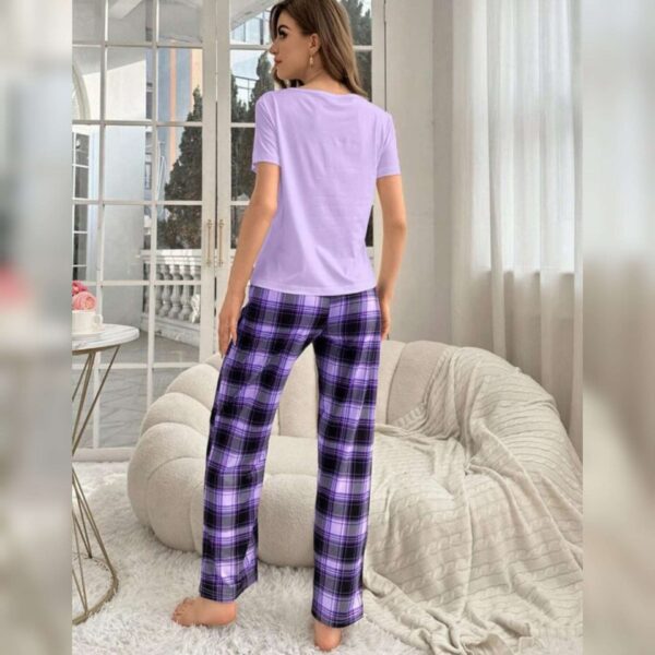 Purple Love Heart Print Half Sleeves T-shirt With Check Printed Trouser Suit - Image 7