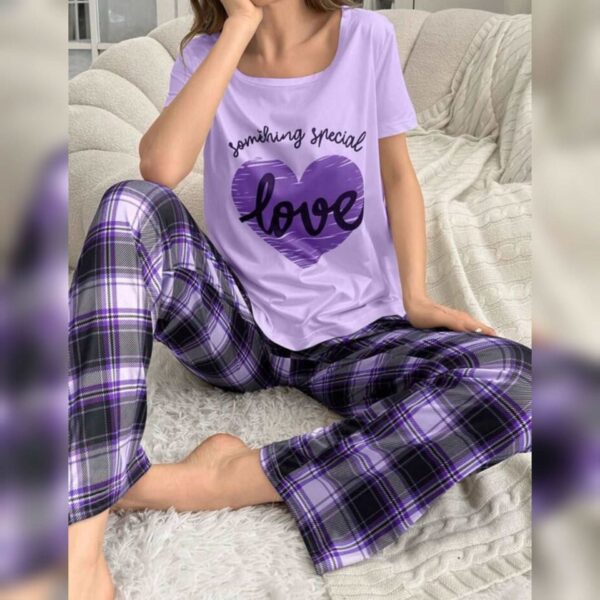 Purple Love Heart Print Half Sleeves T-shirt With Check Printed Trouser Suit - Image 5
