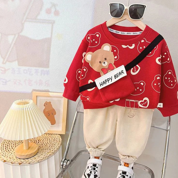 Red Happy Bear Pocket Sweatshirt with Off White Trouser For Kids Baby & Baba Both - Image 2