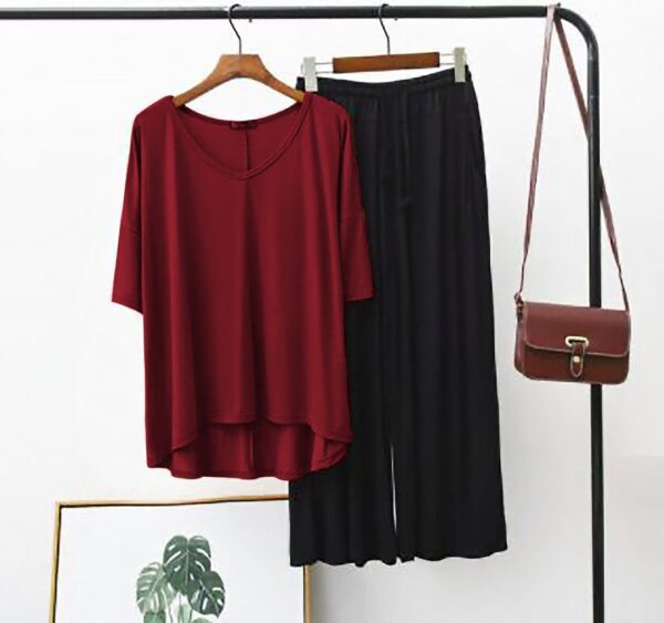 Plain Red V Neck T Shirt with Black Plazzo - Image 3