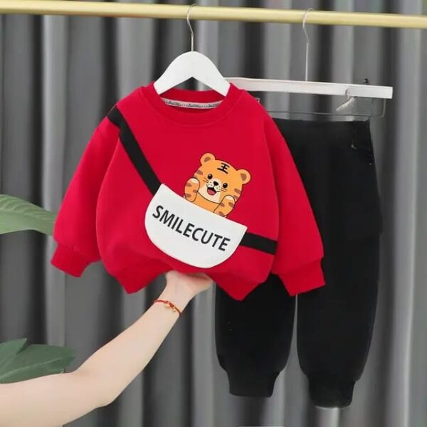 Red Cute Smile Tiger Sweat Shirt with Black Trouser for Kids Baby & Baba Both - Image 2