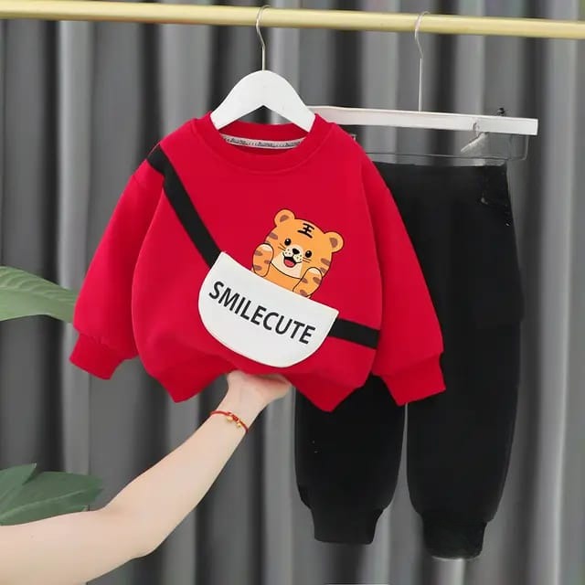 Red Cute Smile Tiger Sweat Shirt with Black Trouser for Kids Baby & Baba Both