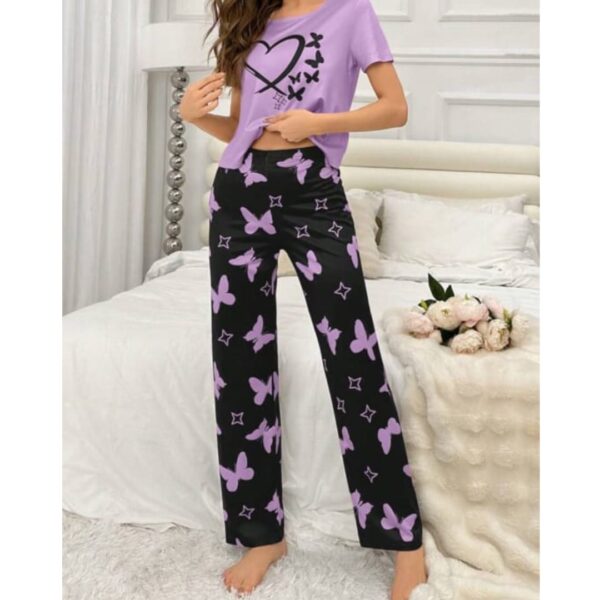 Purple With Black Butterflies Heart Printed T-shirt And Butterflies Printed Trouser Suit - Image 5