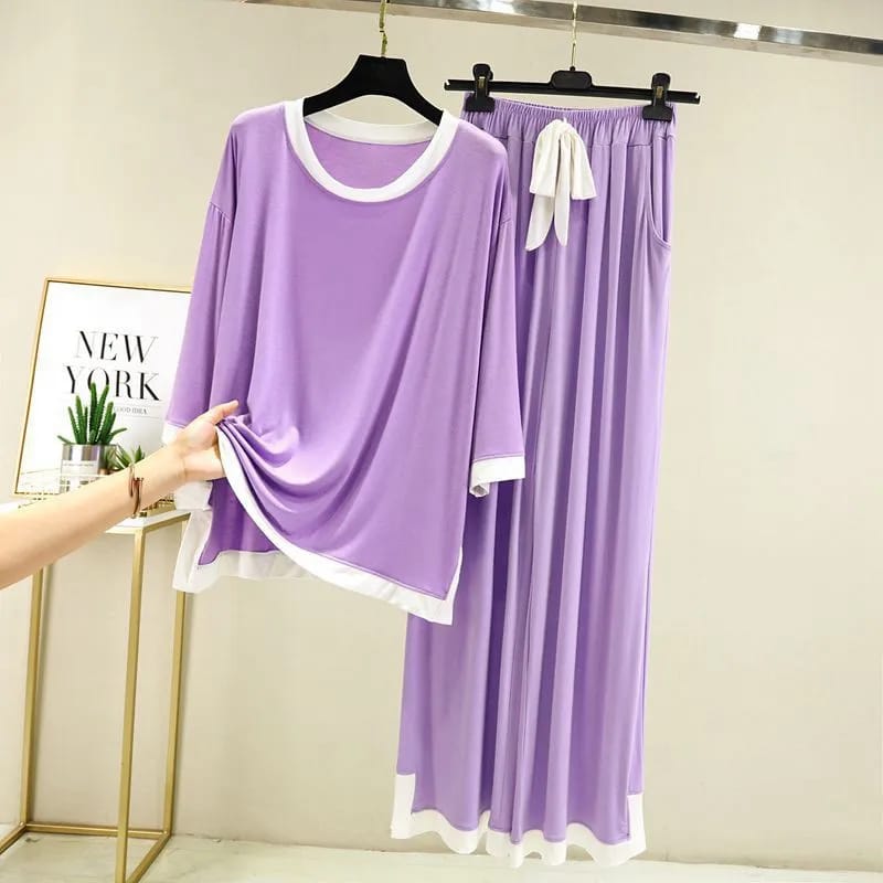 Purple White Round Neck Tee & Palazo Women PJ Set